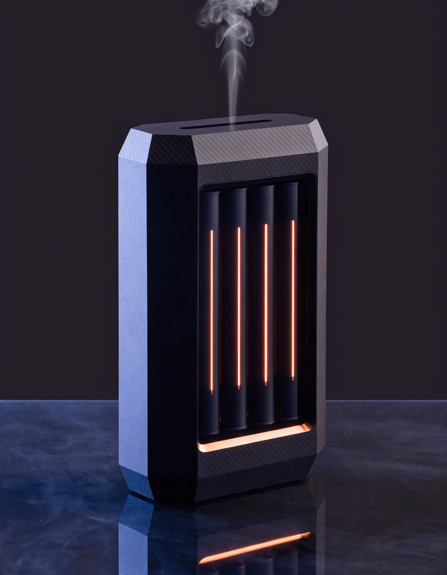The Clearing: a faceted carbon-finish column with five glowing cartridge bays behind a front window, a wisp of scent rising from the top